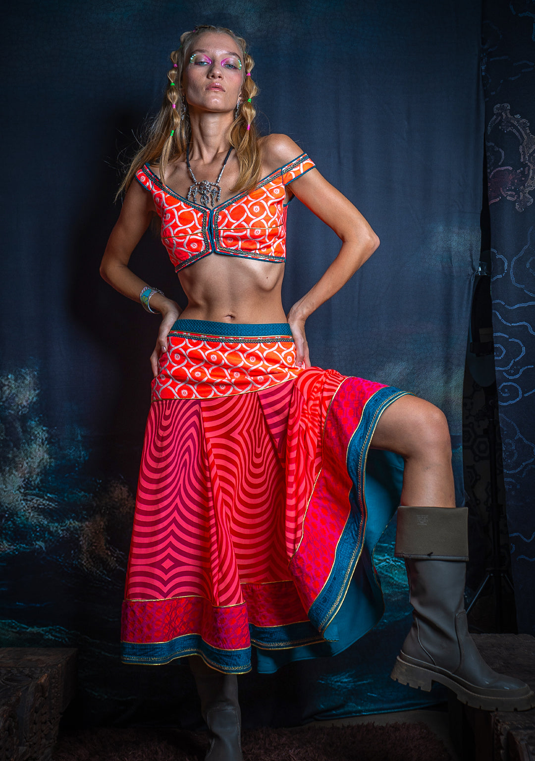 Choli & Skirt Woman Combo / Jaquard & Voile - PINKORANGE MADNESS